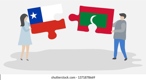 Couple holding two puzzles pieces with Chilean and Maldivian flags. Chile and Maldives national symbols together.