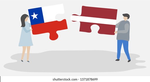 Couple holding two puzzles pieces with Chilean and Latvian flags. Chile and Latvia national symbols together.