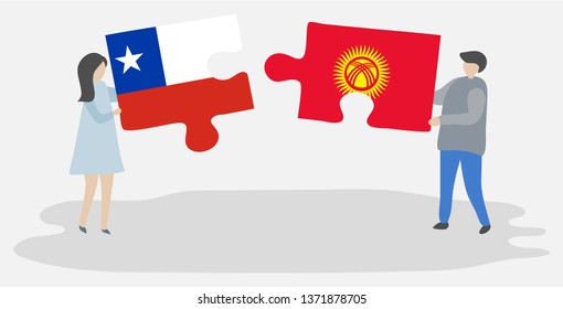 Couple holding two puzzles pieces with Chilean and Kirgiz flags. Chile and Kyrgyzstan national symbols together.