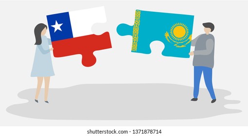 Couple holding two puzzles pieces with Chilean and Kazakh flags. Chile and Kazakhstan national symbols together.