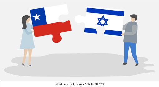 Couple holding two puzzles pieces with Chilean and Israeli flags. Chile and Israel national symbols together.