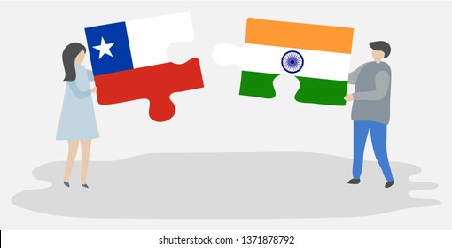 Couple holding two puzzles pieces with Chilean and Indian flags. Chile and India national symbols together.