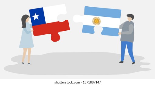 Couple holding two puzzles pieces with Chilean and Argentine flags. Chile and Argentina national symbols together.