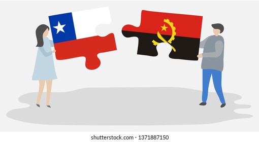 Couple holding two puzzles pieces with Chilean and Angolan flags. Chile and Angola national symbols together.