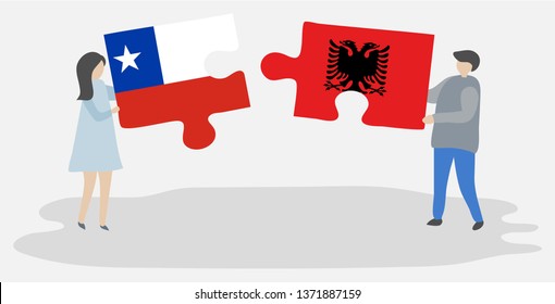Couple holding two puzzles pieces with Chilean and Albanian flags. Chile and Albania national symbols together.