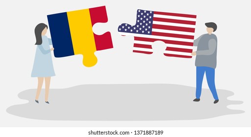 Couple holding two puzzles pieces with Chadian and American flags. Chad and United States of America national symbols together.