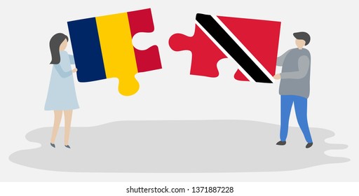 Couple holding two puzzles pieces with Chadian and Trinidadian flags. Chad and Trinidad and Tobago national symbols together.