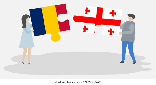 Couple holding two puzzles pieces with Chadian and Georgian flags. Chad and Georgia national symbols together.
