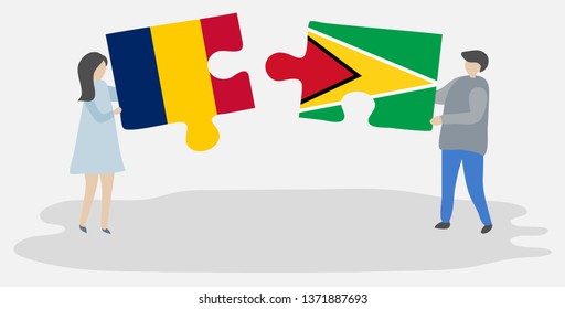 Couple holding two puzzles pieces with Chadian and Guyanese flags. Chad and Guyana national symbols together.