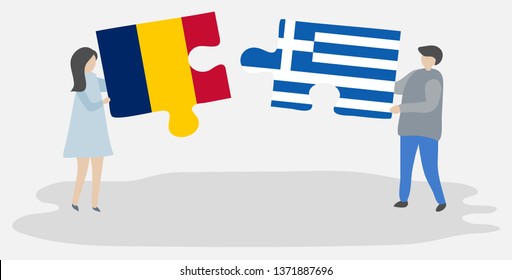 Couple holding two puzzles pieces with Chadian and Greek flags. Chad and Greece national symbols together.