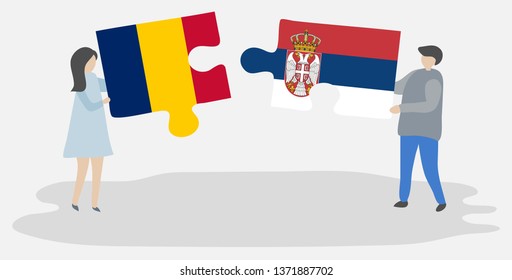 Couple holding two puzzles pieces with Chadian and Serbian flags. Chad and Serbia national symbols together.