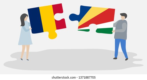 Couple holding two puzzles pieces with Chadian and Seychellois flags. Chad and Seychelles national symbols together.
