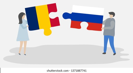 Couple holding two puzzles pieces with Chadian and Russian flags. Chad and Russia national symbols together.