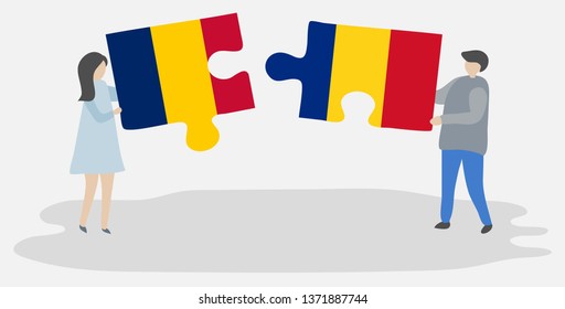 Couple holding two puzzles pieces with Chadian and Romanian flags. Chad and Romania national symbols together.