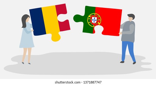 Couple holding two puzzles pieces with Chadian and Portuguese flags. Chad and Portugal national symbols together.
