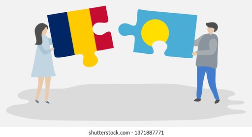 Couple holding two puzzles pieces with Chadian and Palauan flags. Chad and Palau national symbols together.