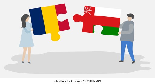Couple holding two puzzles pieces with Chadian and Omani flags. Chad and Oman national symbols together.