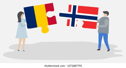 Couple holding two puzzles pieces with Chadian and Norwegian flags. Chad and Norway national symbols together.