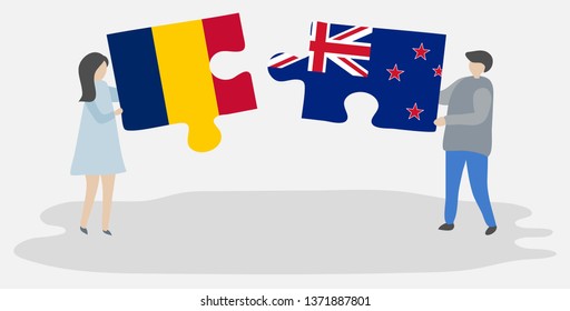 Couple holding two puzzles pieces with Chadian and NZ flags. Chad and New Zealand national symbols together.