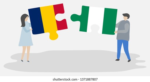 Couple holding two puzzles pieces with Chadian and Nigerian flags. Chad and Nigeria national symbols together.