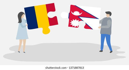 Couple holding two puzzles pieces with Chadian and Nepalese flags. Chad and Nepal national symbols together.