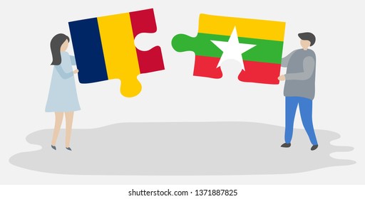 Couple holding two puzzles pieces with Chadian and Burmese flags. Chad and Myanmar national symbols together.