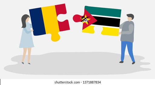 Couple holding two puzzles pieces with Chadian and Mozambican flags. Chad and Mozambique national symbols together.