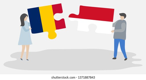 Couple holding two puzzles pieces with Chadian and Monegasque flags. Chad and Monaco national symbols together.