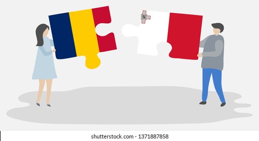 Couple holding two puzzles pieces with Chadian and Maltese flags. Chad and Malta national symbols together.