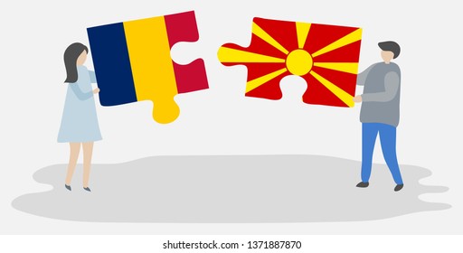 Couple holding two puzzles pieces with Chadian and Macedonian flags. Chad and Macedonia national symbols together.