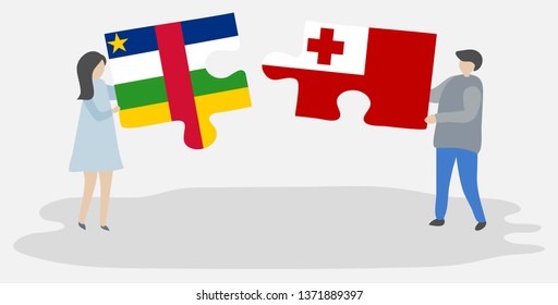 Couple holding two puzzles pieces with Central African and Tongan flags. Central African Republic and Tonga national symbols together.