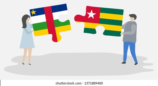 Couple holding two puzzles pieces with Central African and Togolese flags. Central African Republic and Togo national symbols together.