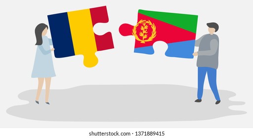 Couple holding two puzzles pieces with Chadian and Eritrean flags. Chad and Eritrea national symbols together.