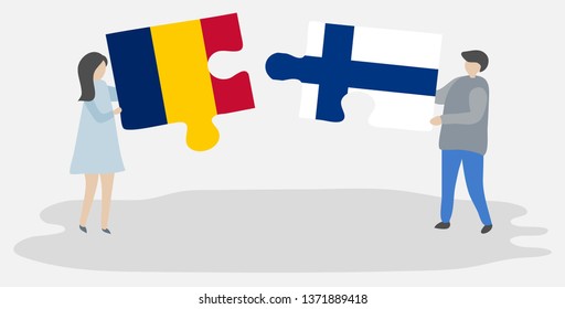 Couple holding two puzzles pieces with Chadian and Finnish flags. Chad and Finland national symbols together.