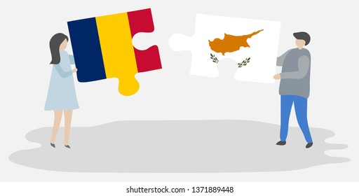 Couple holding two puzzles pieces with Chadian and Cypriot flags. Chad and Cyprus national symbols together.