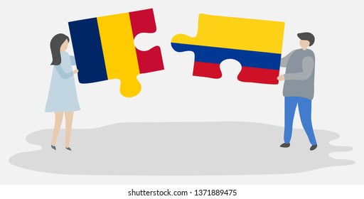 Couple holding two puzzles pieces with Chadian and Colombian flags. Chad and Colombia national symbols together.
