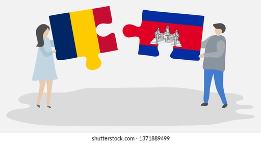 Couple holding two puzzles pieces with Chadian and Cambodian flags. Chad and Cambodia national symbols together.