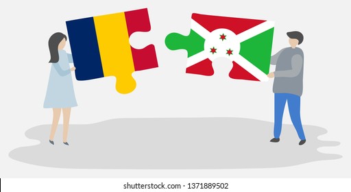 Couple holding two puzzles pieces with Chadian and Burundian flags. Chad and Burundi national symbols together.
