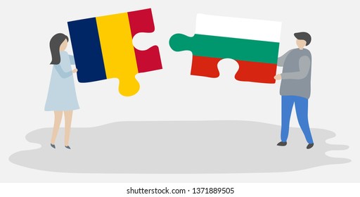 Couple holding two puzzles pieces with Chadian and Bulgarian flags. Chad and Bulgaria national symbols together.