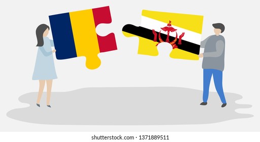Couple holding two puzzles pieces with Chadian and Bruneian flags. Chad and Brunei national symbols together.