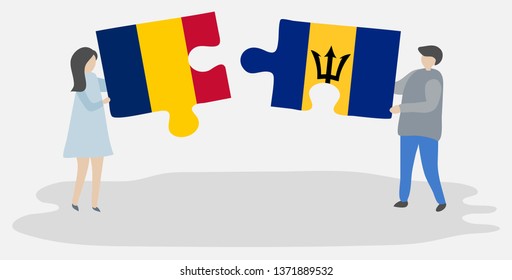 Couple holding two puzzles pieces with Chadian and Barbadian flags. Chad and Barbados national symbols together.