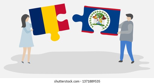 Couple holding two puzzles pieces with Chadian and Belizean flags. Chad and Belize national symbols together.