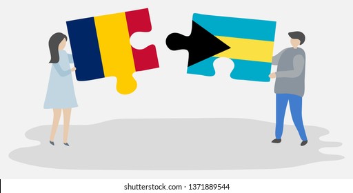Couple holding two puzzles pieces with Chadian and Bahamian flags. Chad and Bahamas national symbols together.