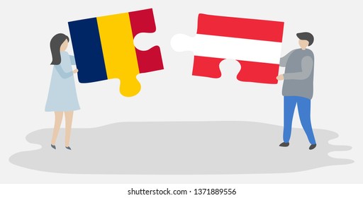 Couple holding two puzzles pieces with Chadian and Austrian flags. Chad and Austria national symbols together.