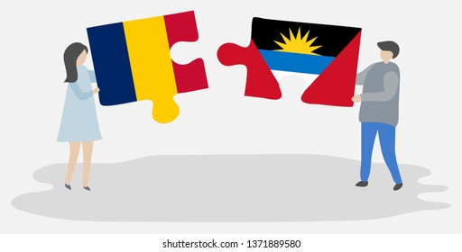 Couple holding two puzzles pieces with Chadian and Antiguan flags. Chad and Antigua and Barbuda national symbols together.