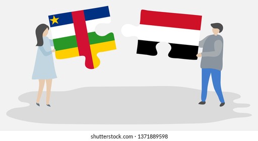 Couple holding two puzzles pieces with Central African and Yemeni flags. Central African Republic and Yemen national symbols together.