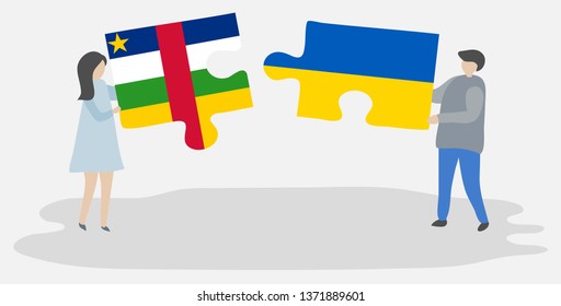 Couple holding two puzzles pieces with Central African and Ukrainian flags. Central African Republic and Ukraine national symbols together.