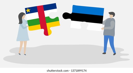 Couple holding two puzzles pieces with Central African and Estonian flags. Central African Republic and Estonia national symbols together.