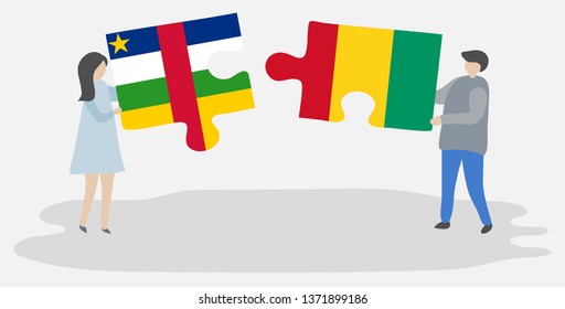 Couple holding two puzzles pieces with Central African and Guinean flags. Central African Republic and Guinea national symbols together.