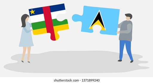 Couple holding two puzzles pieces with Central African and Saint Lucian flags. Central African Republic and Saint Lucia national symbols together.